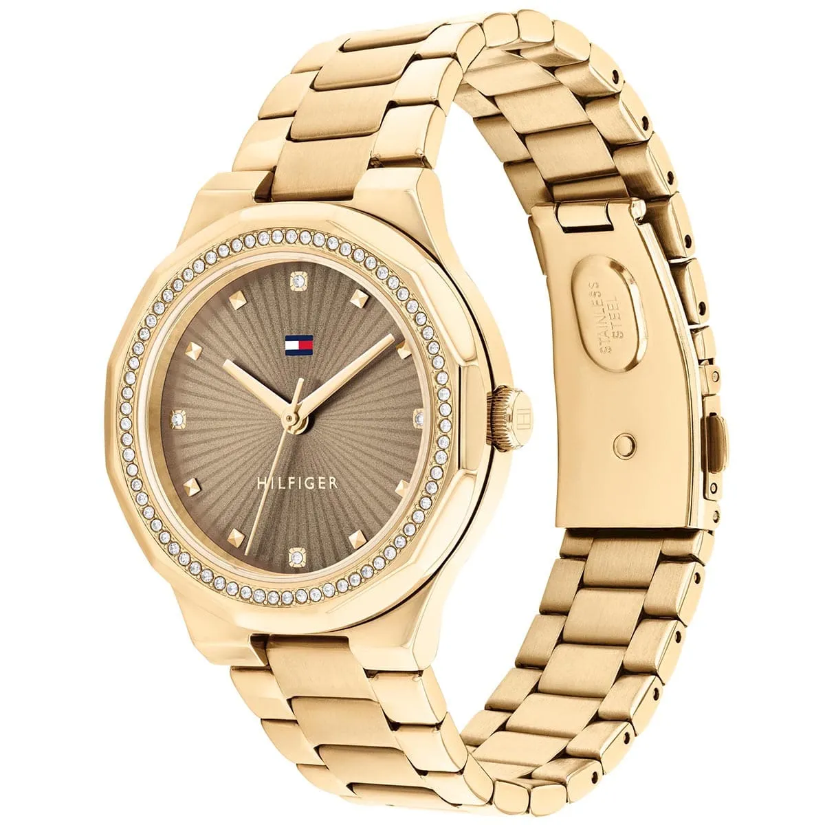 1782725 tommy hilfiger watch women crystals brown dial metal stainless steel gold strap quartz analog piper 2