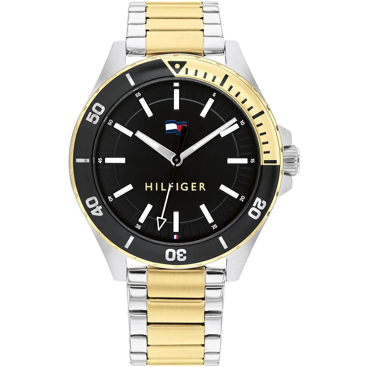 1792013 tommy hilfiger watch men black dial metal stainless steel silver gold strap quartz battery analog three hand logan