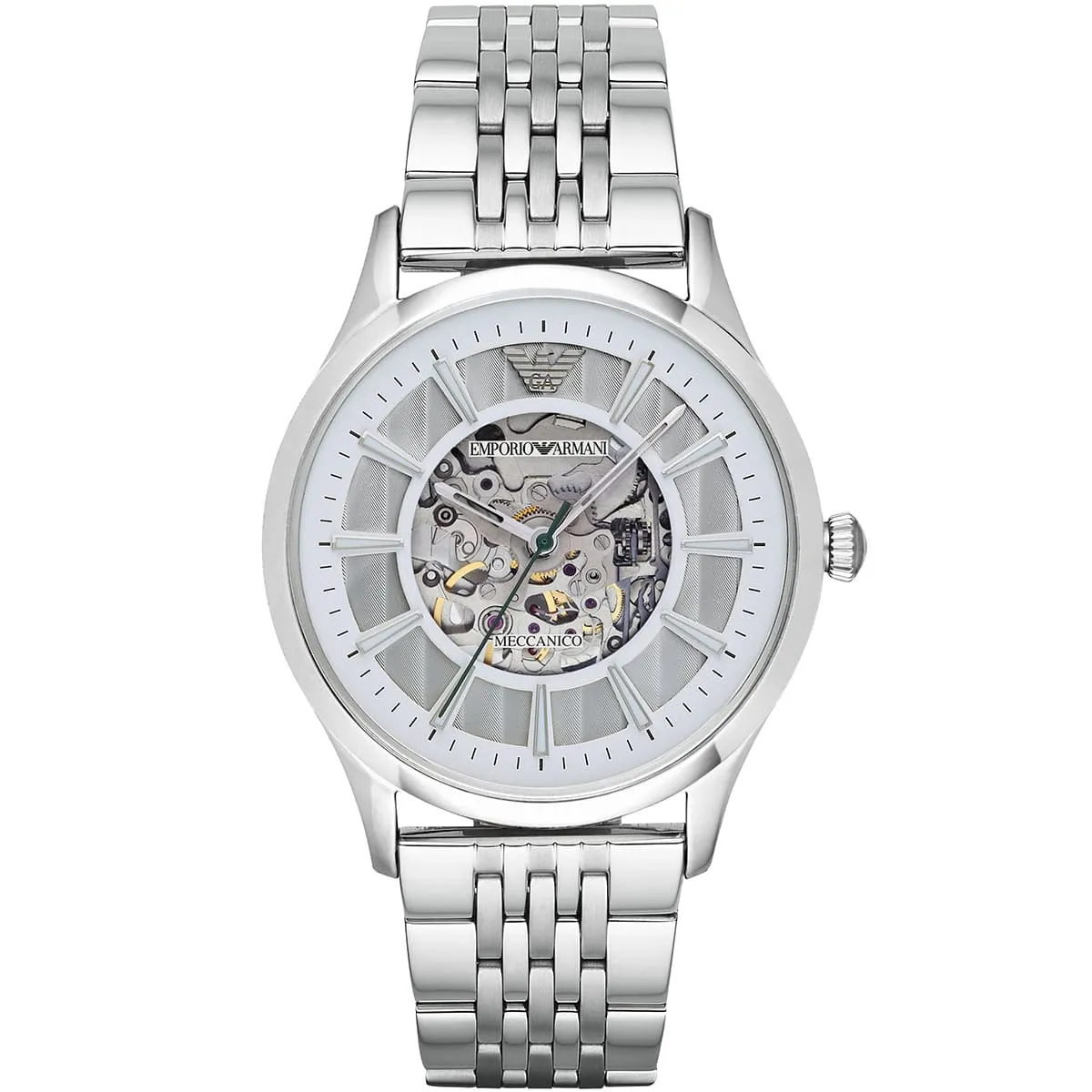 ar1945 emporio armani watch meccanico men white dial stainless steel metal silver strap automatic analog beta large