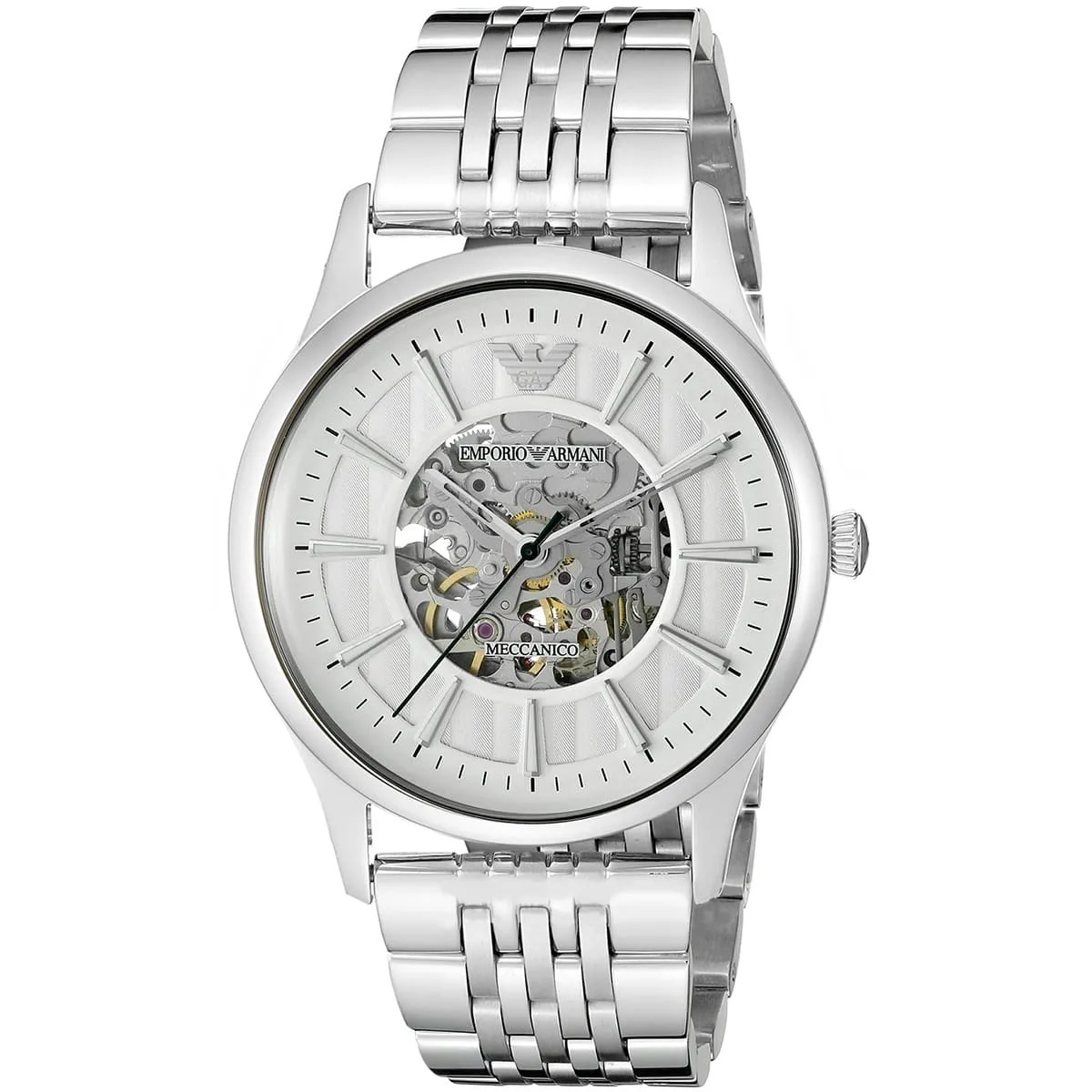 ar1945 emporio armani watch meccanico men white dial stainless steel metal silver strap automatic analog beta large 2