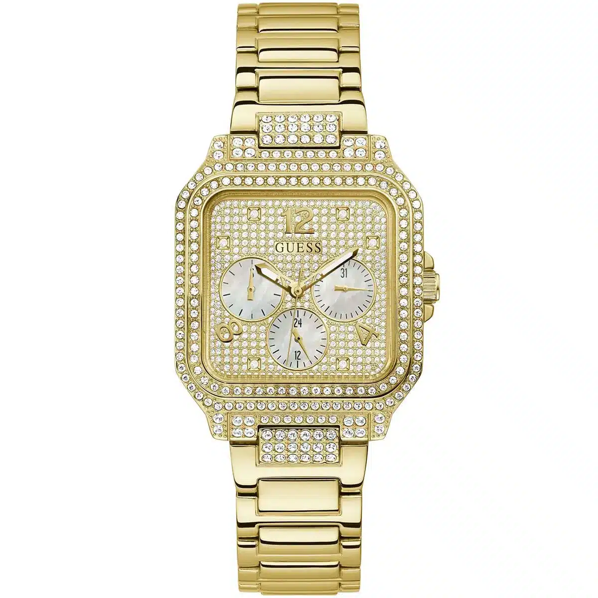 gw0472l2 guess square watch women gold dial metal stainless steel golden strap quartz battery analog crystals deco