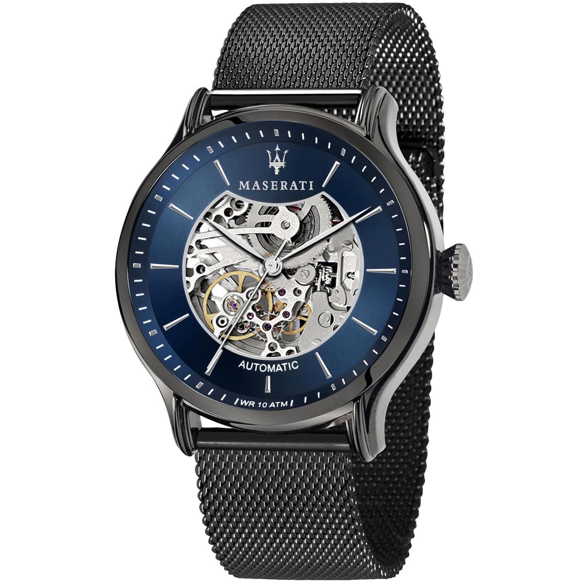r8823118002 maserati watch men blue dial metal stainless steel gray mesh strap automatic analog wr 10 atm three hand epoca