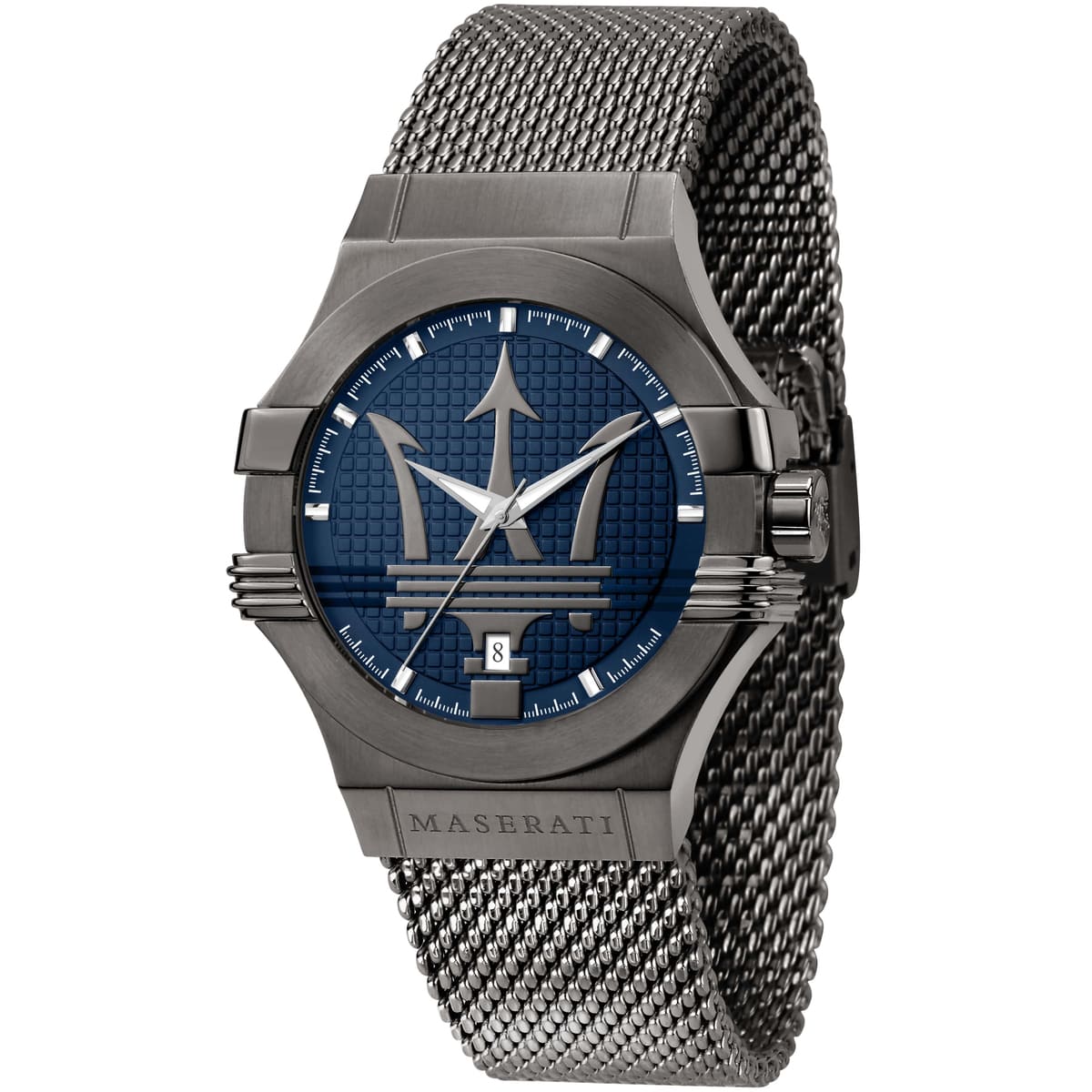 r8853108005 maserati watch men blue dial metal stainless steel gray mesh strap quartz battery analog three hand potenza