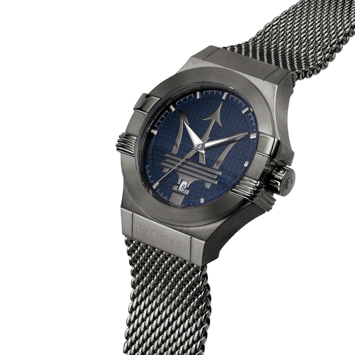 r8853108005 maserati watch men blue dial metal stainless steel gray mesh strap quartz battery analog three hand potenza 2