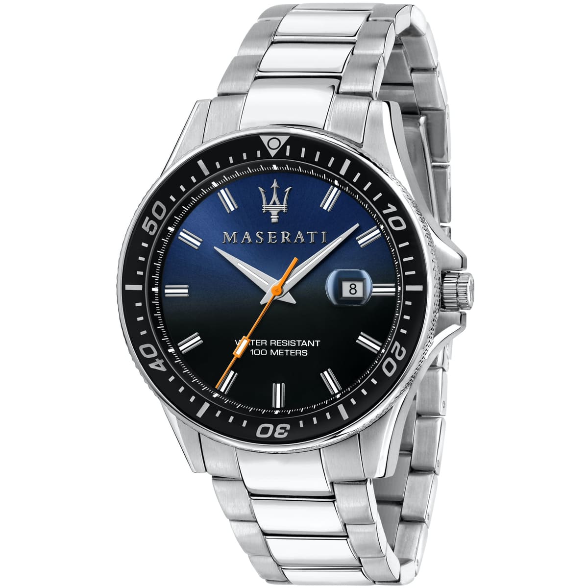 r8853140001 maserati watch men black blue dial metal stainless steel silver strap quartz battery analog three hand water resistant 100 meters sfida