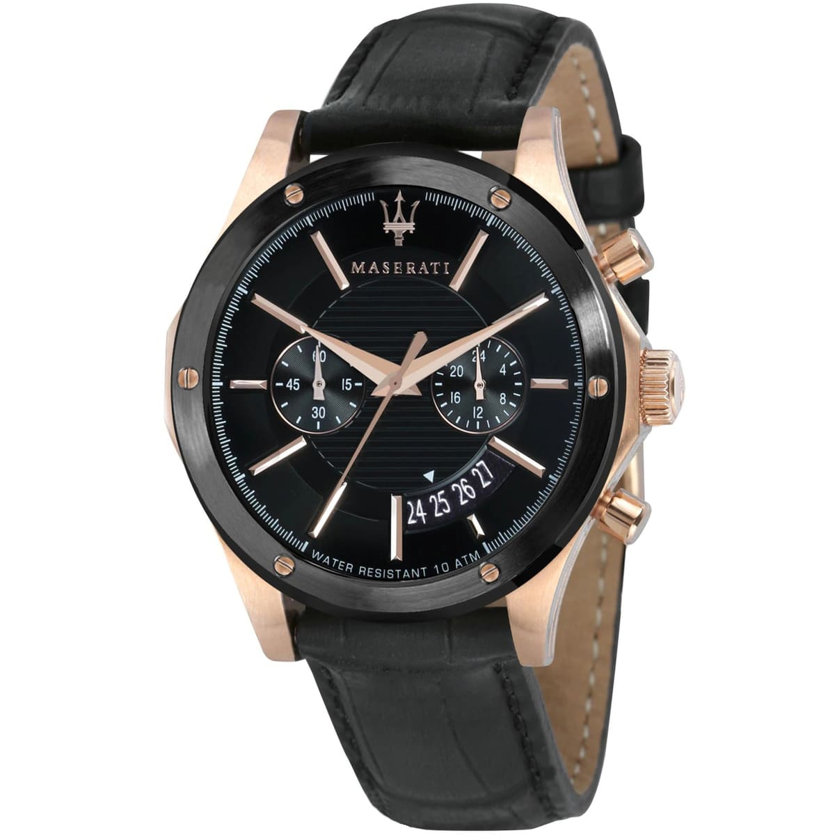 r8871627001 maserati watch men black dial leather strap quartz battery analog chronograph water resistant 10 atm circuito
