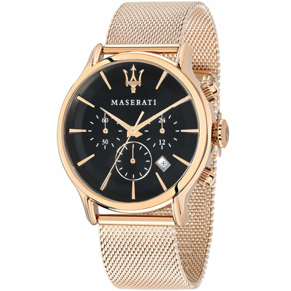 r8873618005 maserati watch men black dial metal stainless steel rose gold mesh strap quartz battery analog chronograph epoca