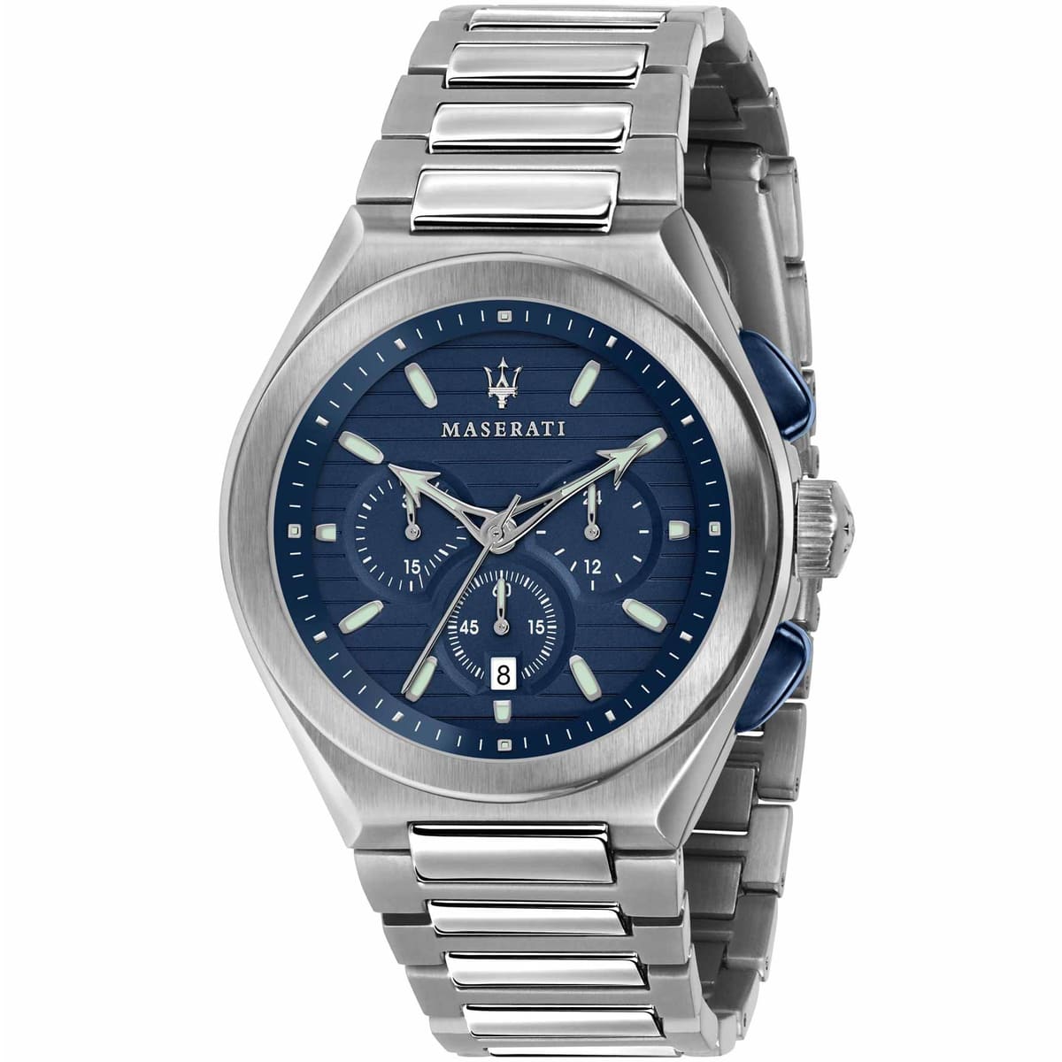 r8873639001 maserati watch men blue dial metal stainless steel silver strap quartz battery analog chronograph triconic