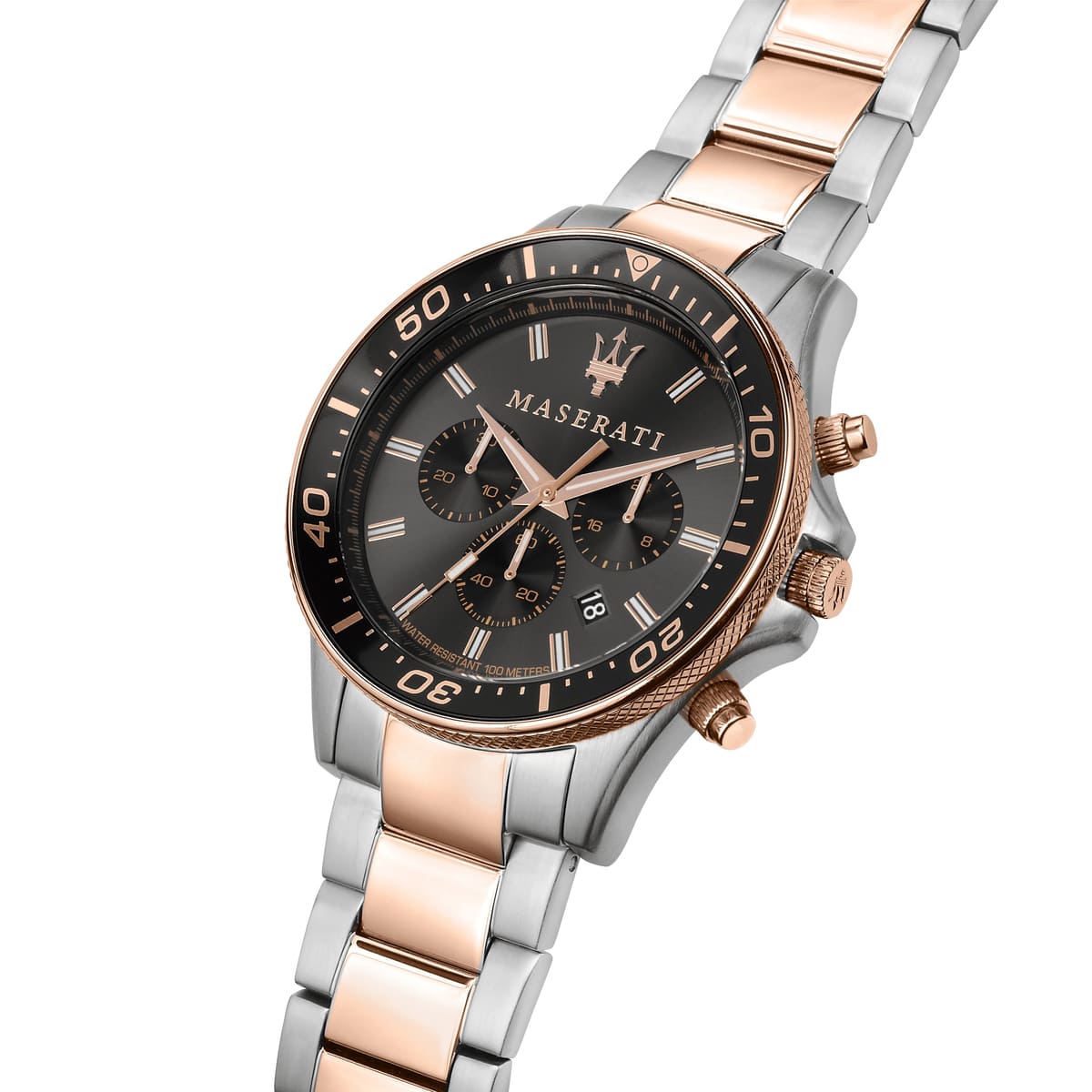 r8873640002 maserati watch men black dial metal stainless steel silver rose gold two tone strap quartz battery analog chronograph water resistant 100 meter sfida 2
