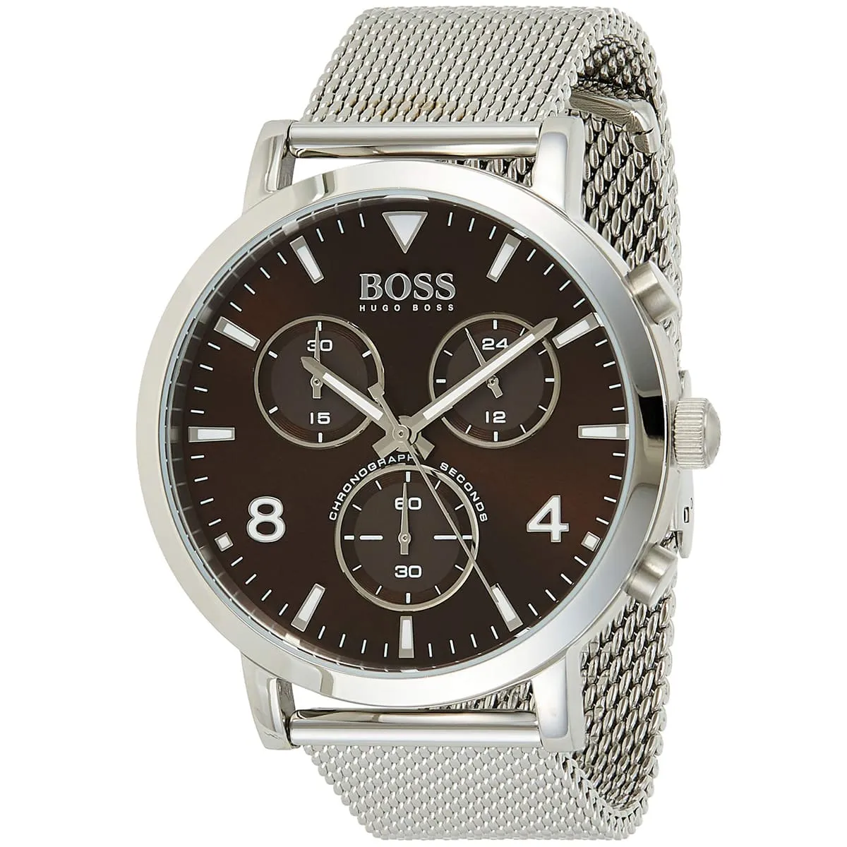 1513694 hugo boss watch chronograph men brown dial metal stainless silver mesh strap quartz battery analog spirit 2