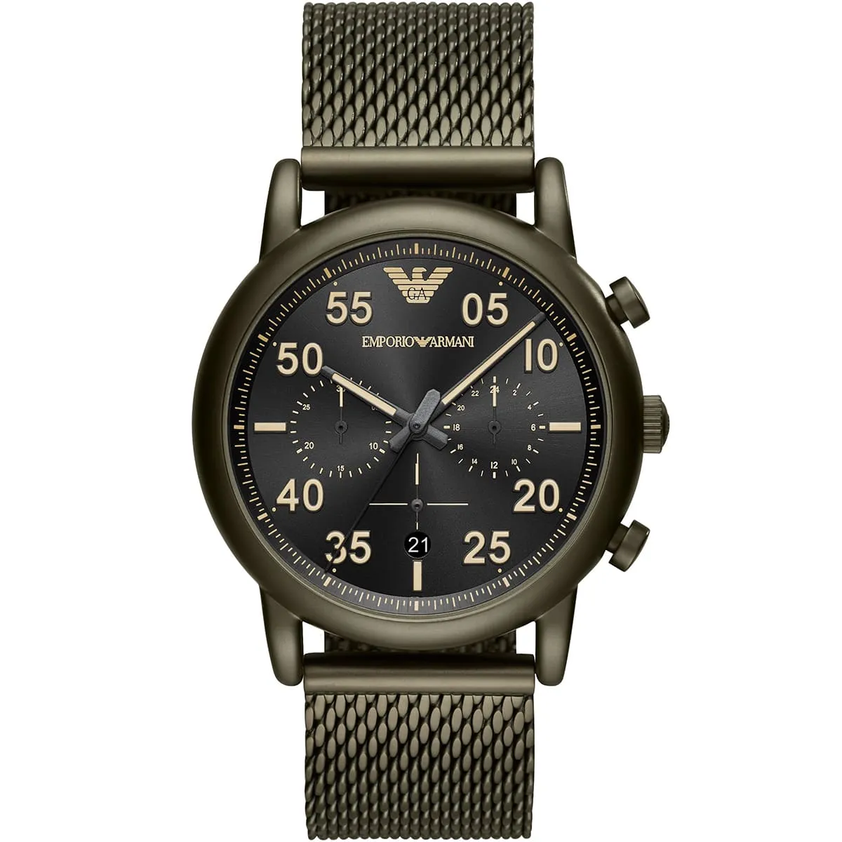 ar11115 emporio armani watch men black dial stainless steel metal green strap quartz battery analog chronograph luigi slim