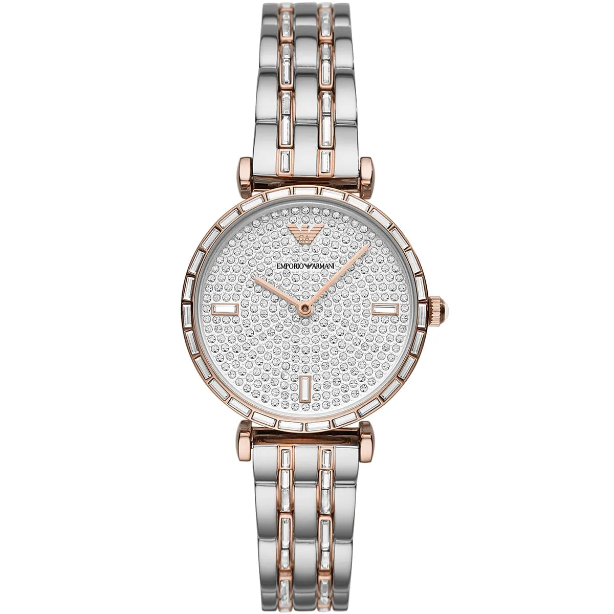 ar11293 emporio armani watch women crystals silver dial stainless steel metal rose gold strap quartz battery analog gianni t bar