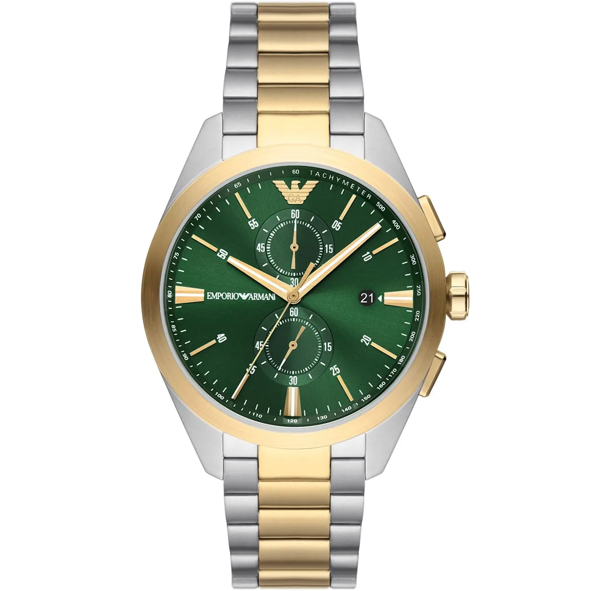 ar11511 emporio armani watch men green dial stainless steel metal silver gold strap quartz battery analog chronograph Copy