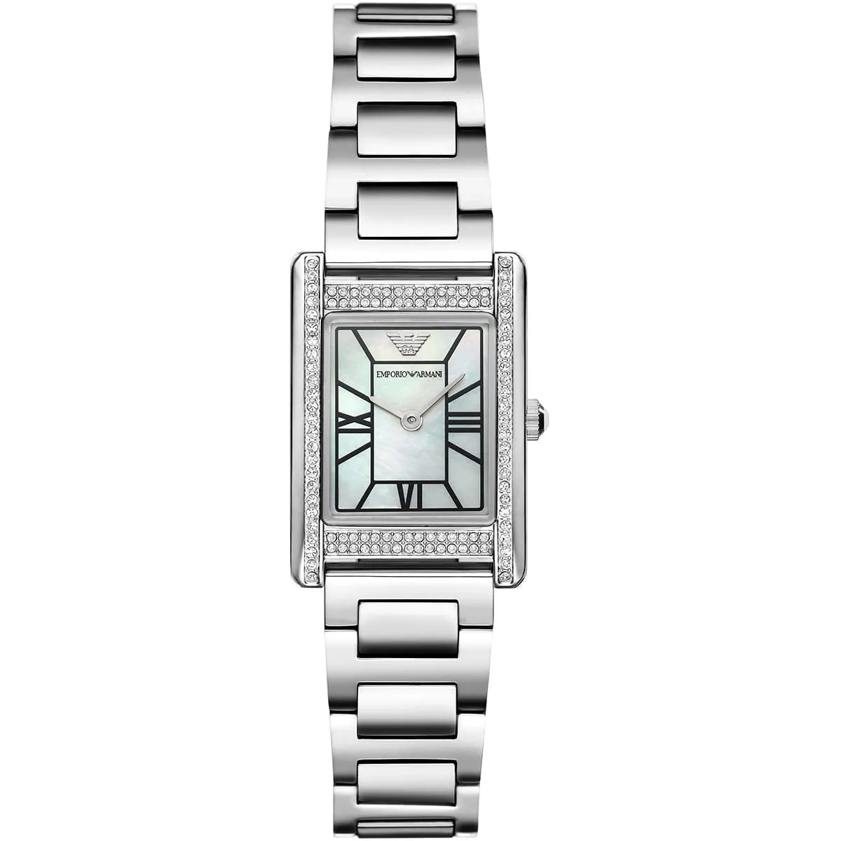 ar11625 emporio armani watch women mother of pearl crystals silver square dial metal stainless steel strap quartz analog genni