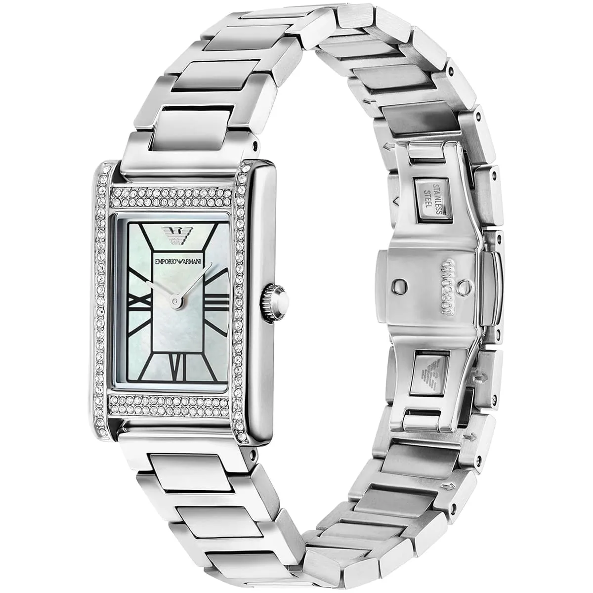 ar11625 emporio armani watch women mother of pearl crystals silver square dial metal stainless steel strap quartz analog genni 3