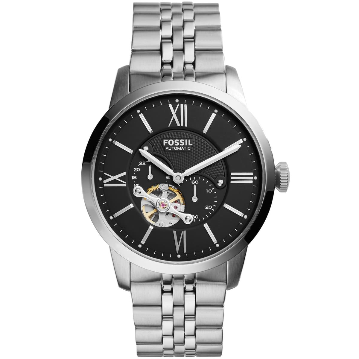 me3107 fossil watch men black dial stainless steel metal silver strap automatic analog townsman