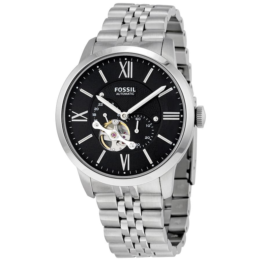 me3107 fossil watch men black dial stainless steel metal silver strap automatic analog townsman 2