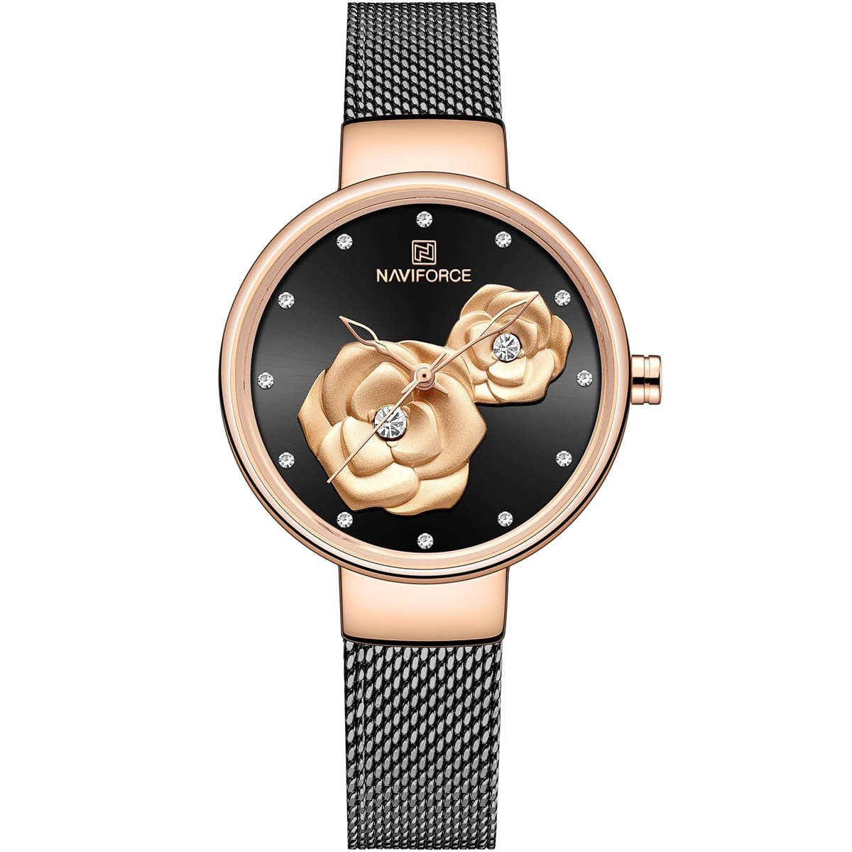 nf5013 rg b b naviforce watch women black flowers dial metal black mesh strap quartz battery analog for dream