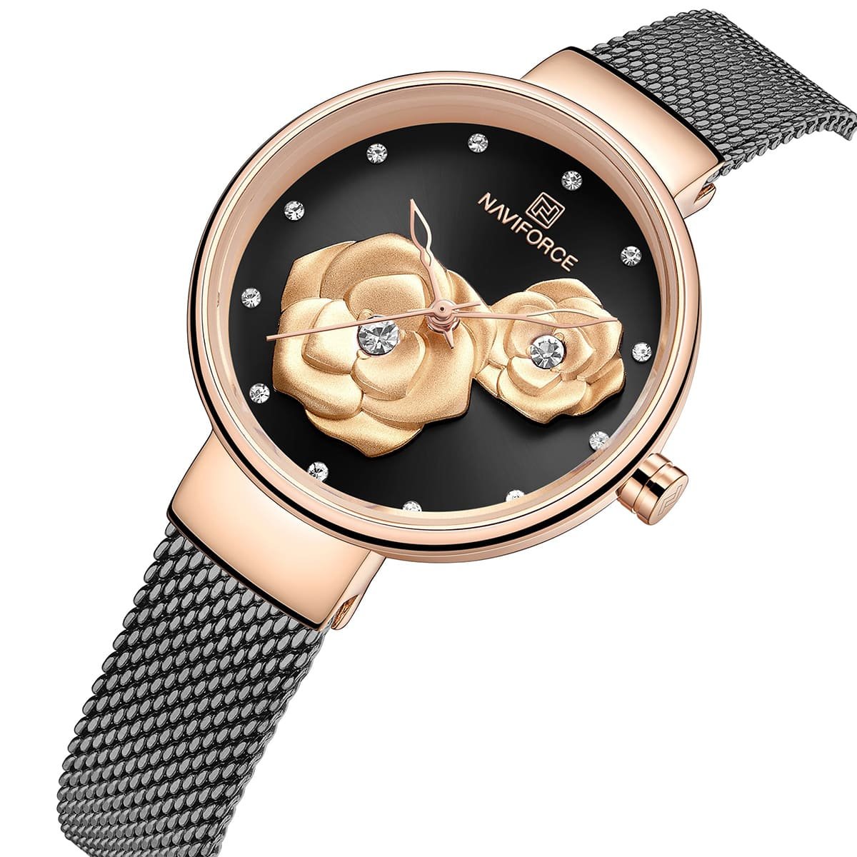 nf5013 rg b b naviforce watch women black flowers dial metal black mesh strap quartz battery analog for dream 2