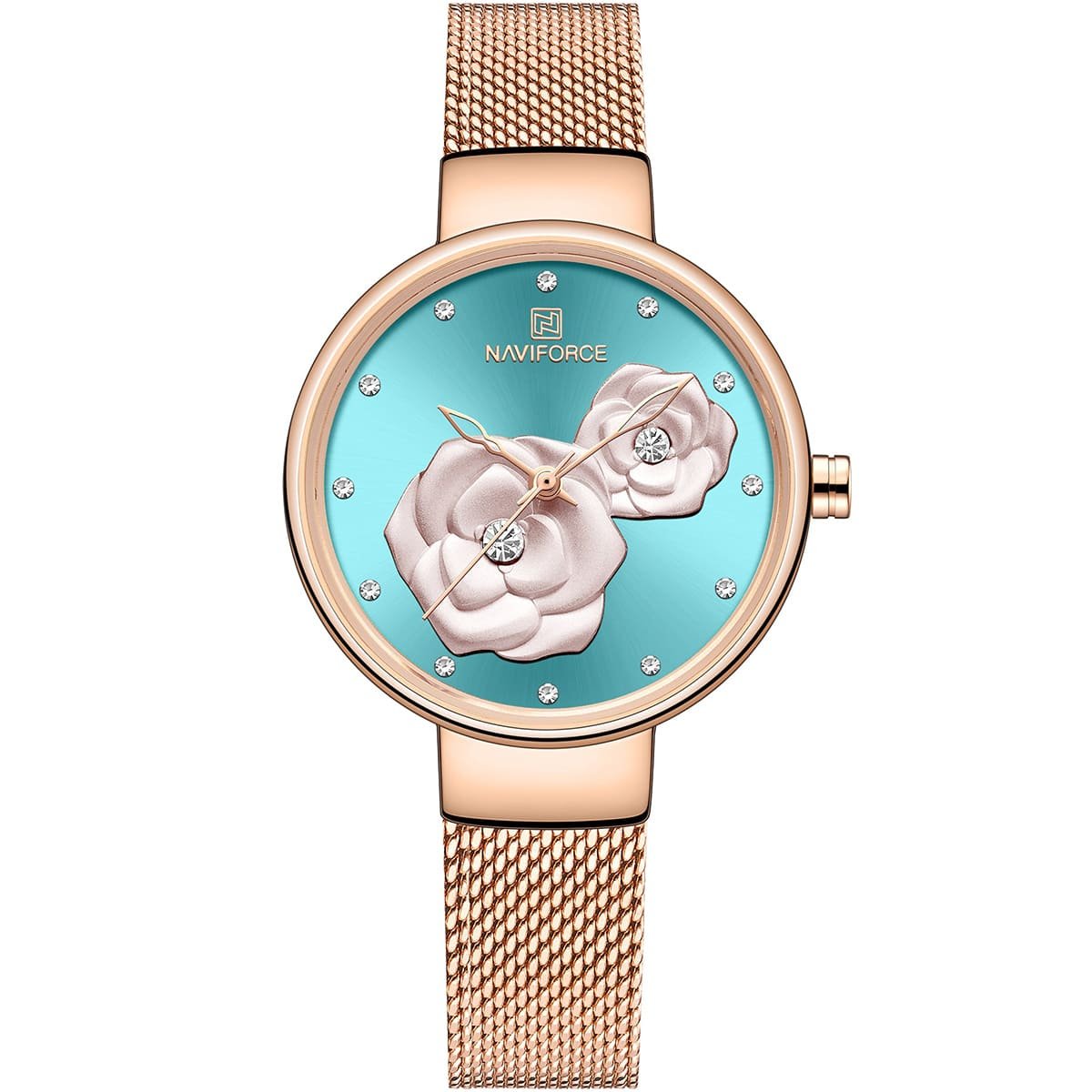 nf5013 rg be rg naviforce watch women blue flowers dial metal rose gold mesh strap quartz battery analog for dream
