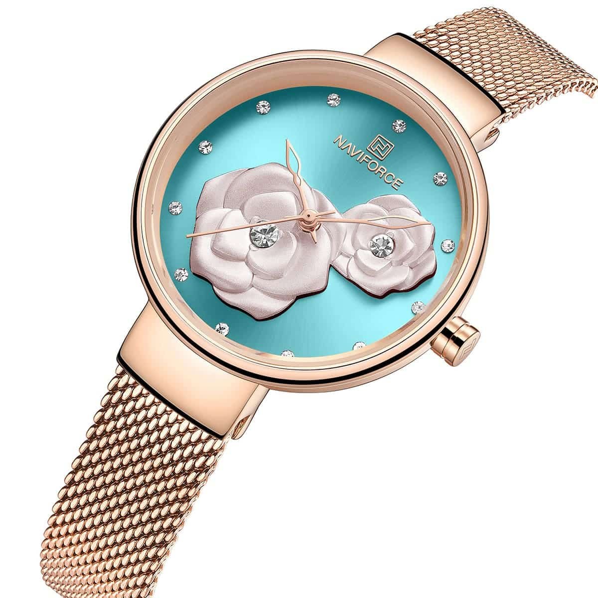 nf5013 rg be rg naviforce watch women blue flowers dial metal rose gold mesh strap quartz battery analog for dream 2