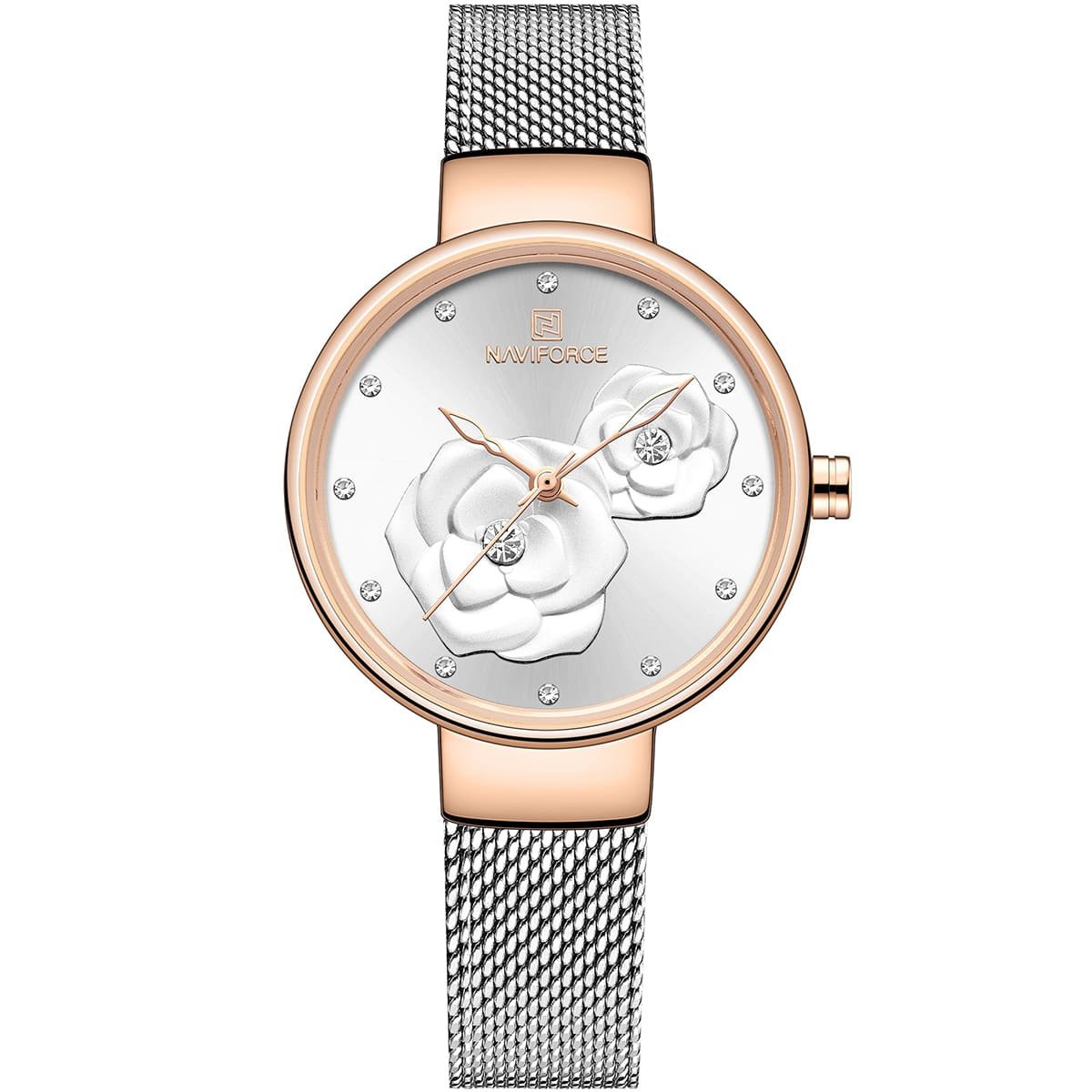 nf5013 rg w s naviforce watch women white flowers dial metal silver mesh strap quartz battery analog for dream