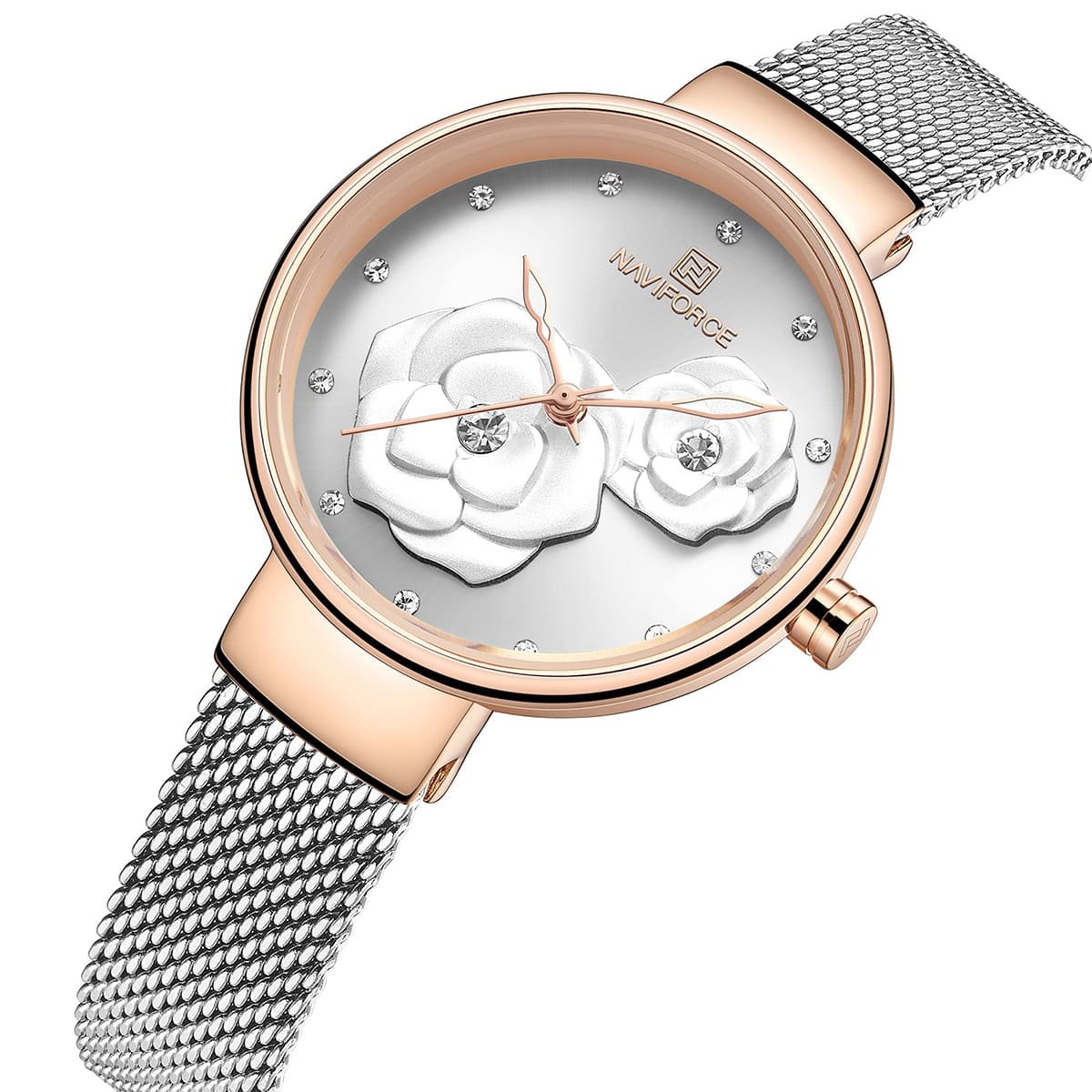 nf5013 rg w s naviforce watch women white flowers dial metal silver mesh strap quartz battery analog for dream 2