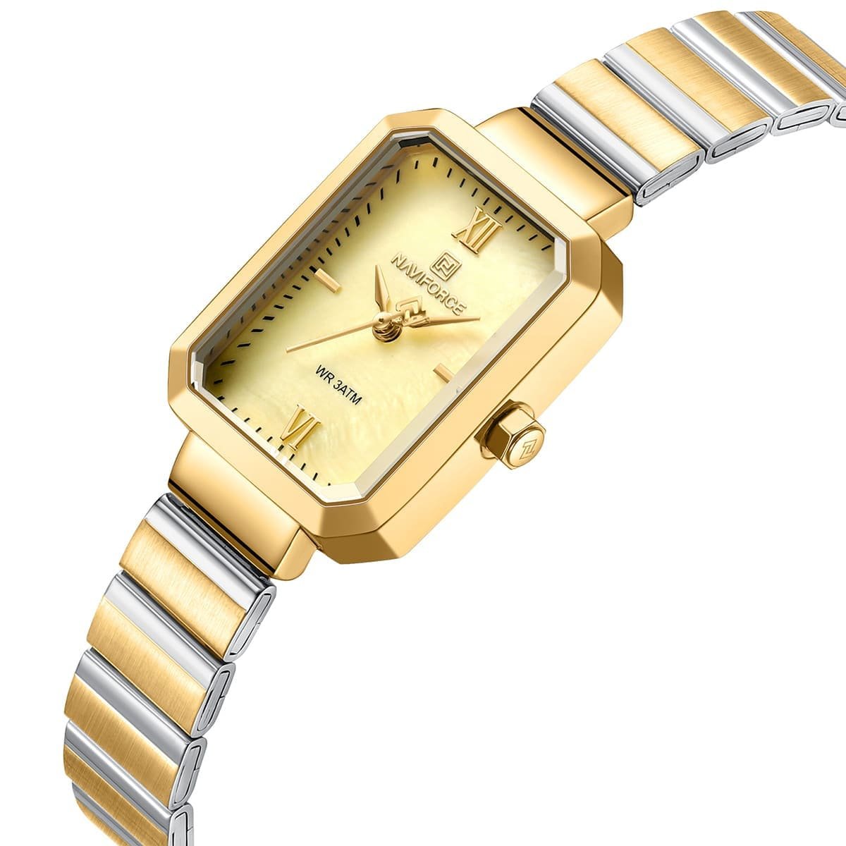 nf5050 g g g naviforce watch wr 3atm women two tone square gold dial metal stainless steel silver golden strap quartz battery analog three hand for dream 2