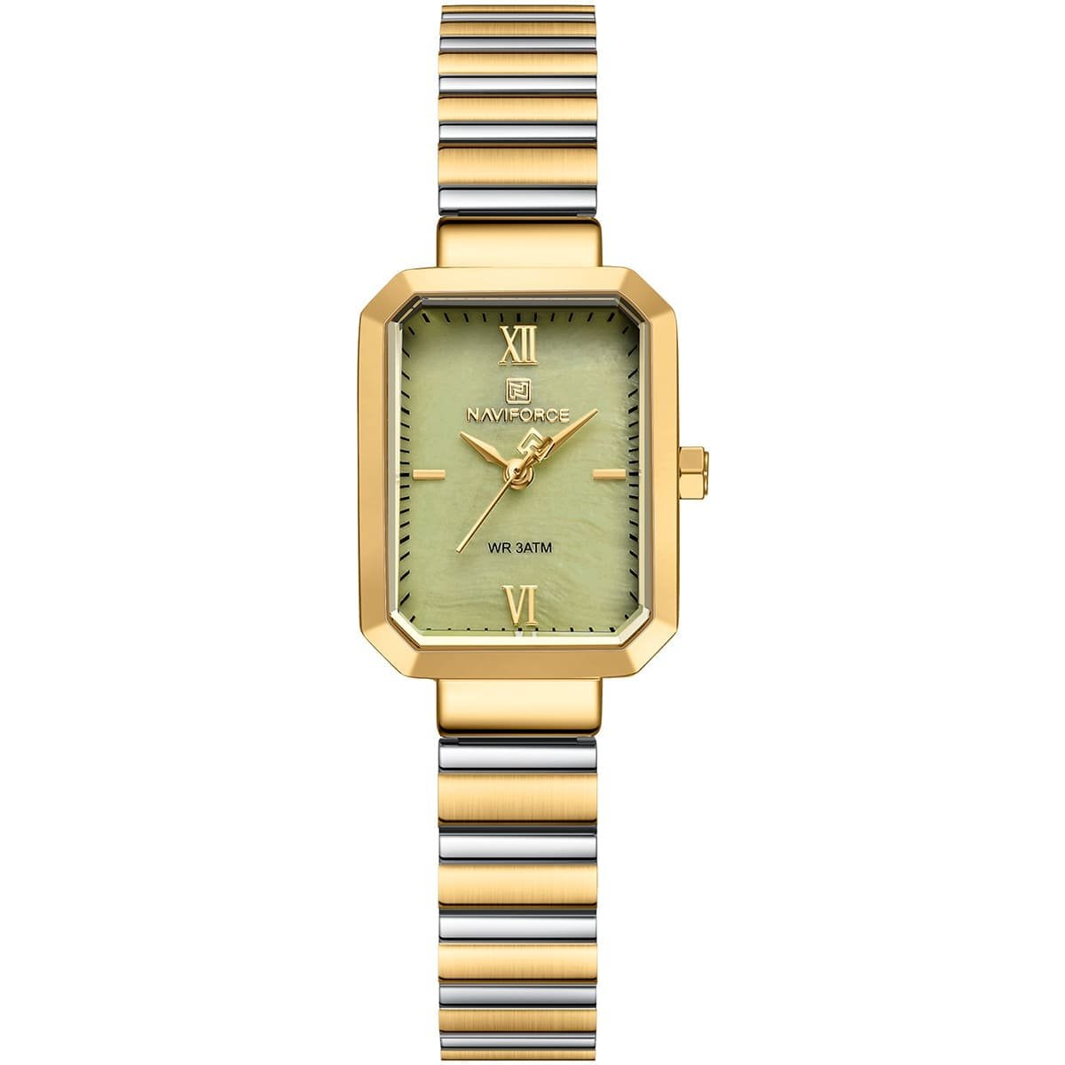 nf5050 g gn g naviforce watch wr 3atm women two tone square green dial metal stainless steel silver gold strap quartz battery analog three hand for dream