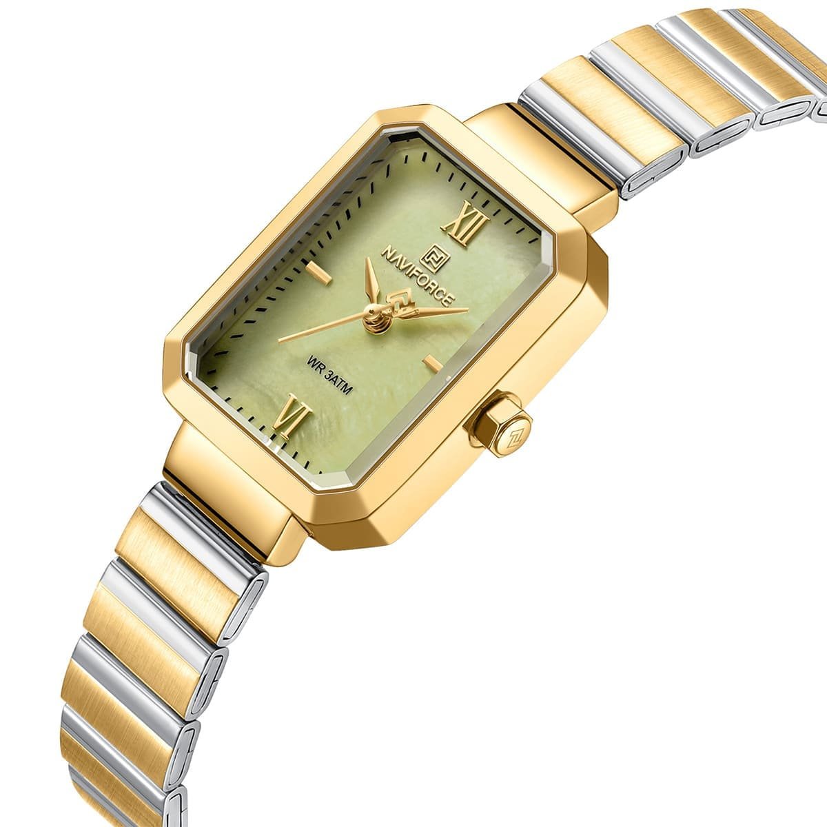 nf5050 g gn g naviforce watch wr 3atm women two tone square green dial metal stainless steel silver gold strap quartz battery analog three hand for dream 2