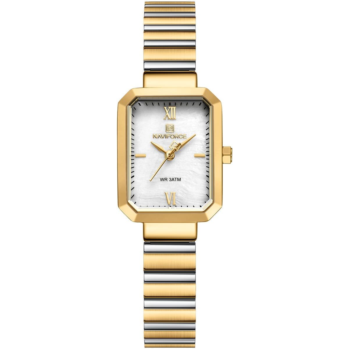 nf5050 g w g naviforce watch wr 3atm women two tone square white dial metal stainless steel silver gold strap quartz battery analog three hand for dream