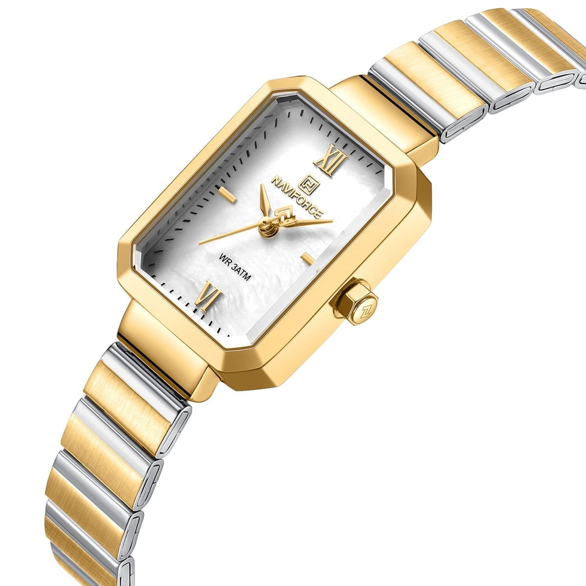 nf5050 g w g naviforce watch wr 3atm women two tone square white dial metal stainless steel silver gold strap quartz battery analog three hand for dream 2