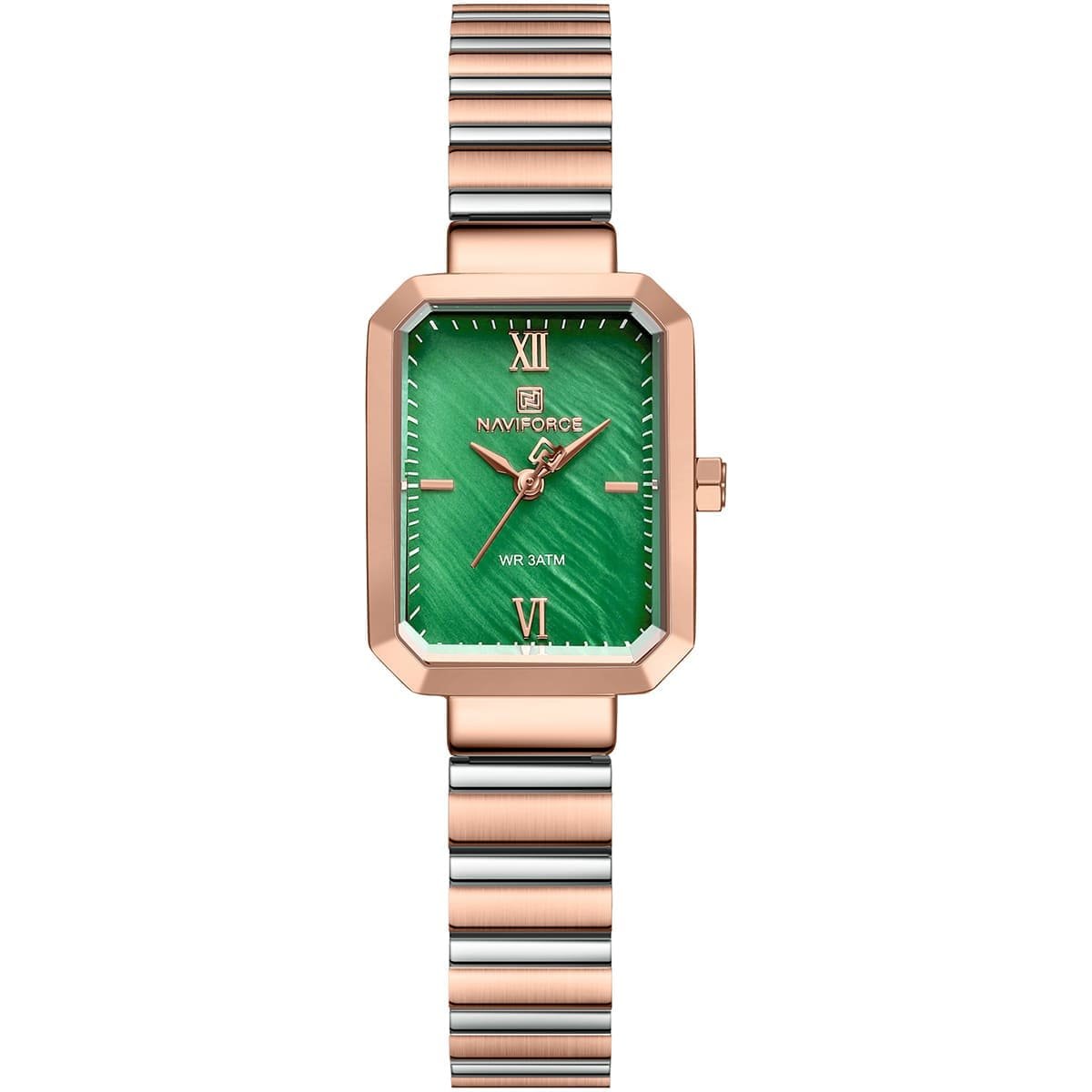 nf5050 rg gn rg naviforce watch wr 3atm women two tone square green dial metal stainless steel silver rose gold strap quartz battery analog three hand for dream