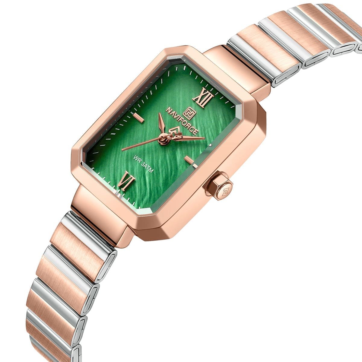 nf5050 rg gn rg naviforce watch wr 3atm women two tone square green dial metal stainless steel silver rose gold strap quartz battery analog three hand for dream 2
