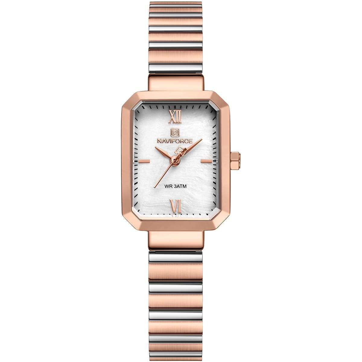 nf5050 rg w rg naviforce watch wr 3atm women two tone square white dial metal stainless steel silver rose gold strap quartz battery analog three hand for dream