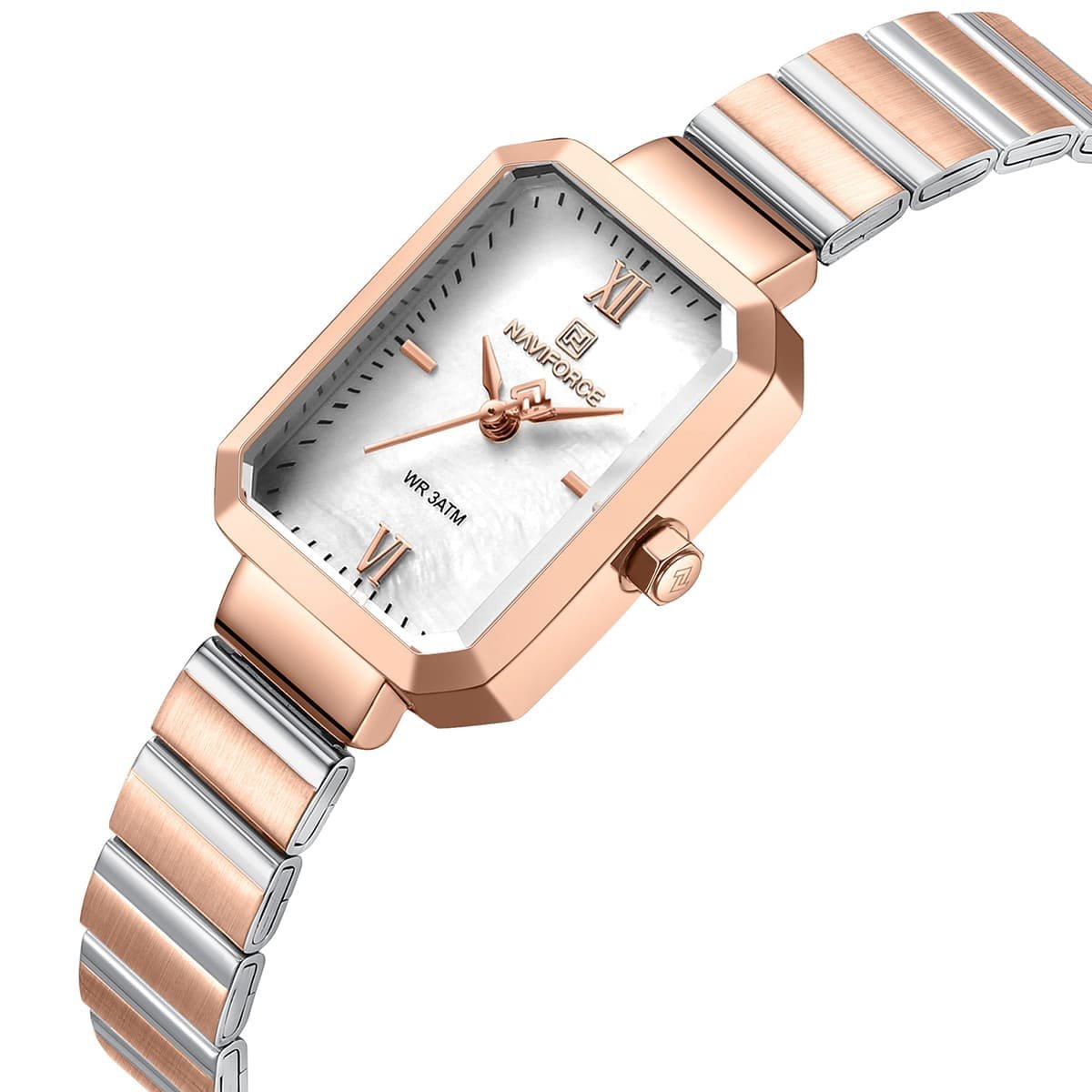 nf5050 rg w rg naviforce watch wr 3atm women two tone square white dial metal stainless steel silver rose gold strap quartz battery analog three hand for dream 2
