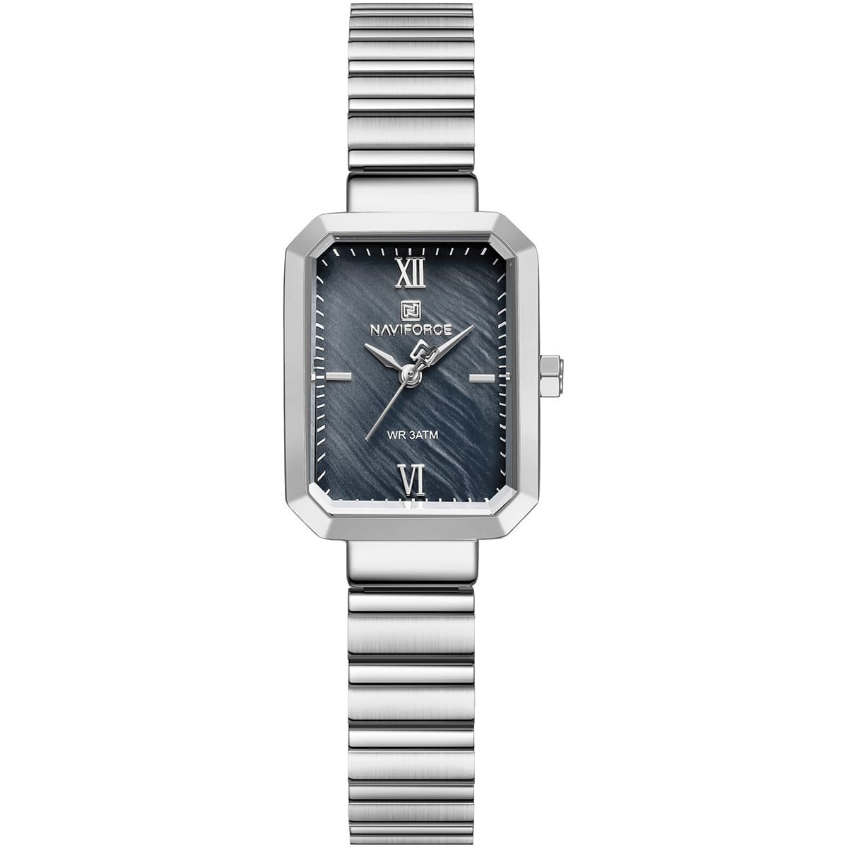 nf5050 s b s naviforce watch wr 3atm women square black dial metal stainless steel silver strap quartz battery analog three hand for dream