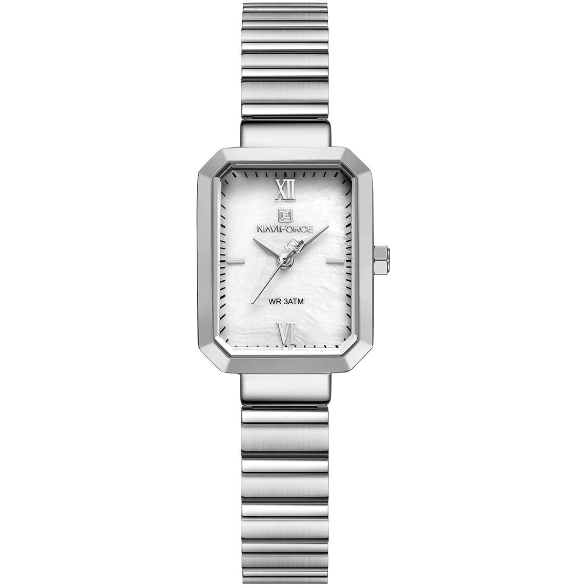 nf5050 s w s naviforce watch wr 3atm women square white dial metal stainless steel silver strap quartz battery analog three hand for dream