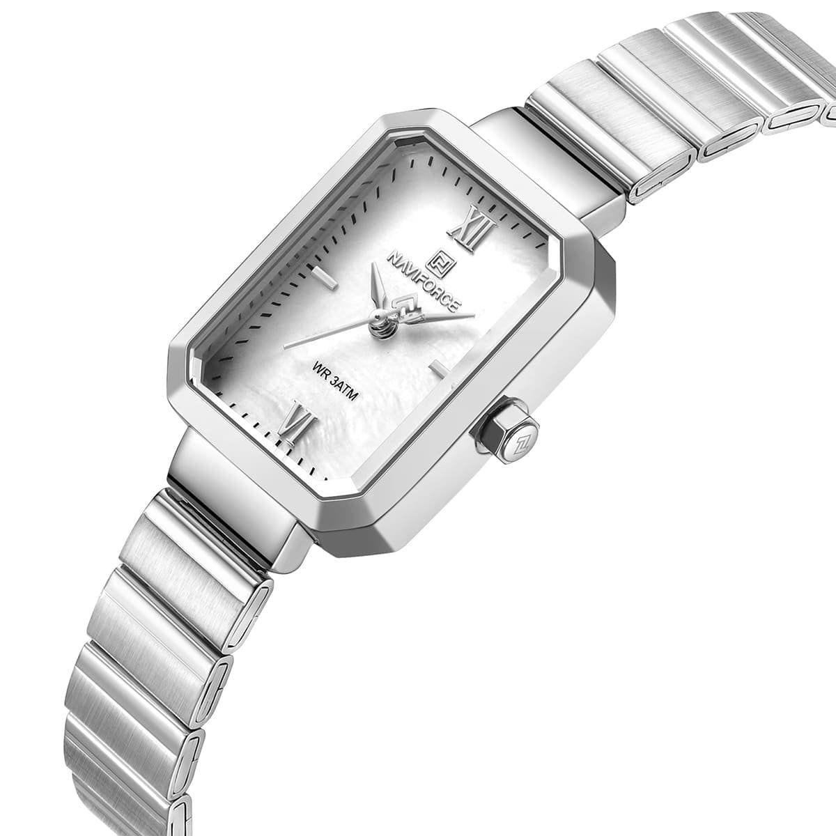 nf5050 s w s naviforce watch wr 3atm women square white dial metal stainless steel silver strap quartz battery analog three hand for dream 2