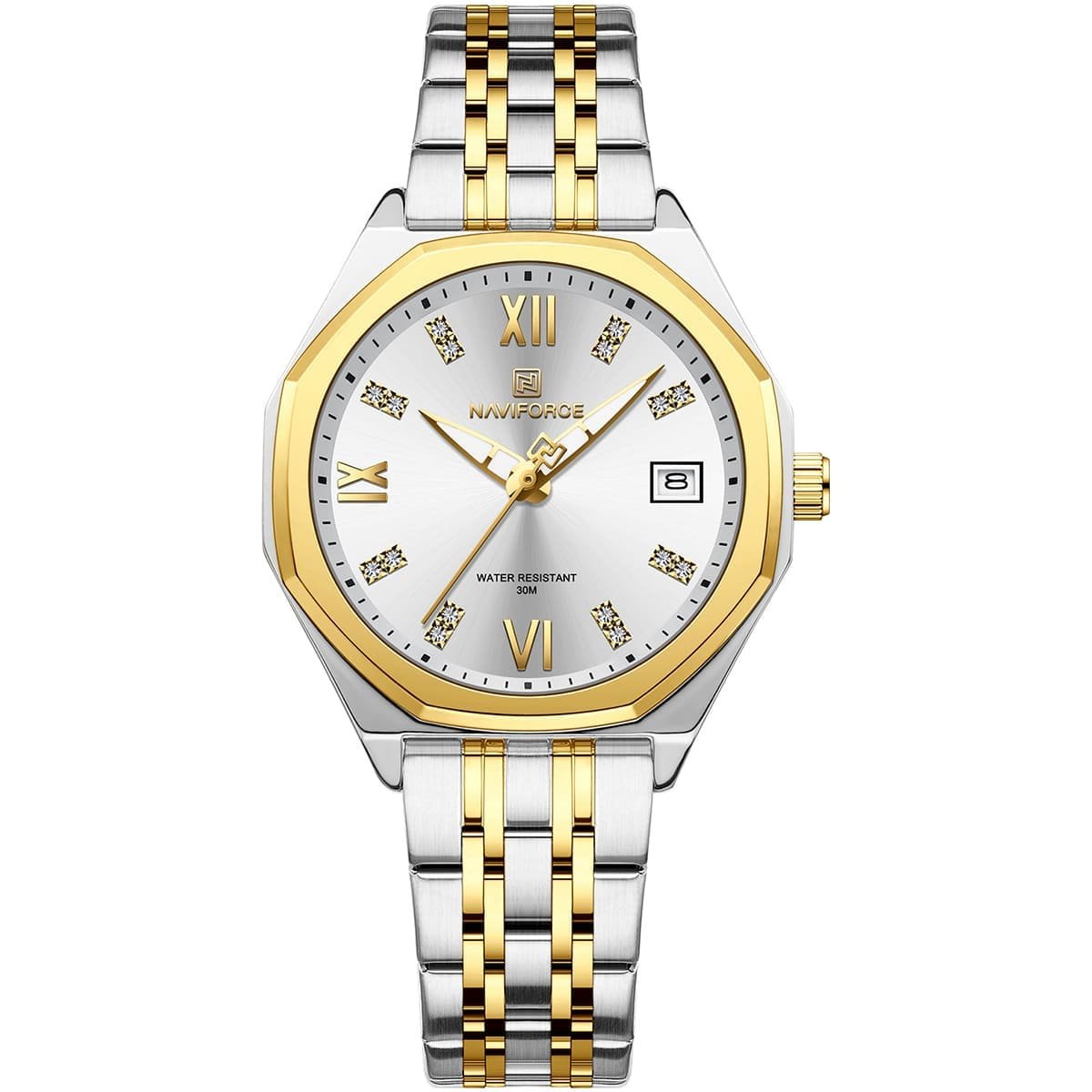 nf5052 s w g naviforce watch water resistant 30m women two tone white dial metal stainless steel silver gold strap quartz battery analog three hand for dream