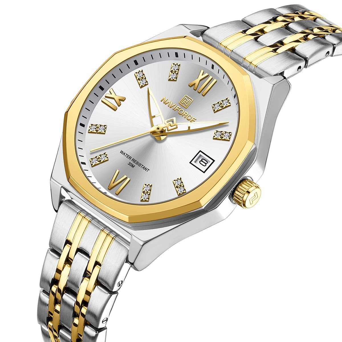 nf5052 s w g naviforce watch water resistant 30m women two tone white dial metal stainless steel silver gold strap quartz battery analog three hand for dream 2