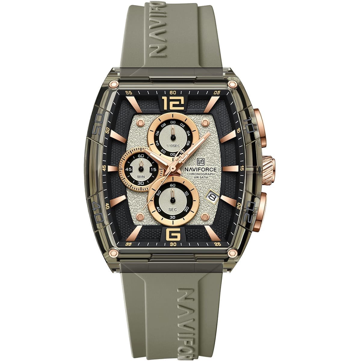 nf6101 gy y gy naviforce watch chronograph wr 5atm men square gray dial rubber grey strap quartz battery analog for dream