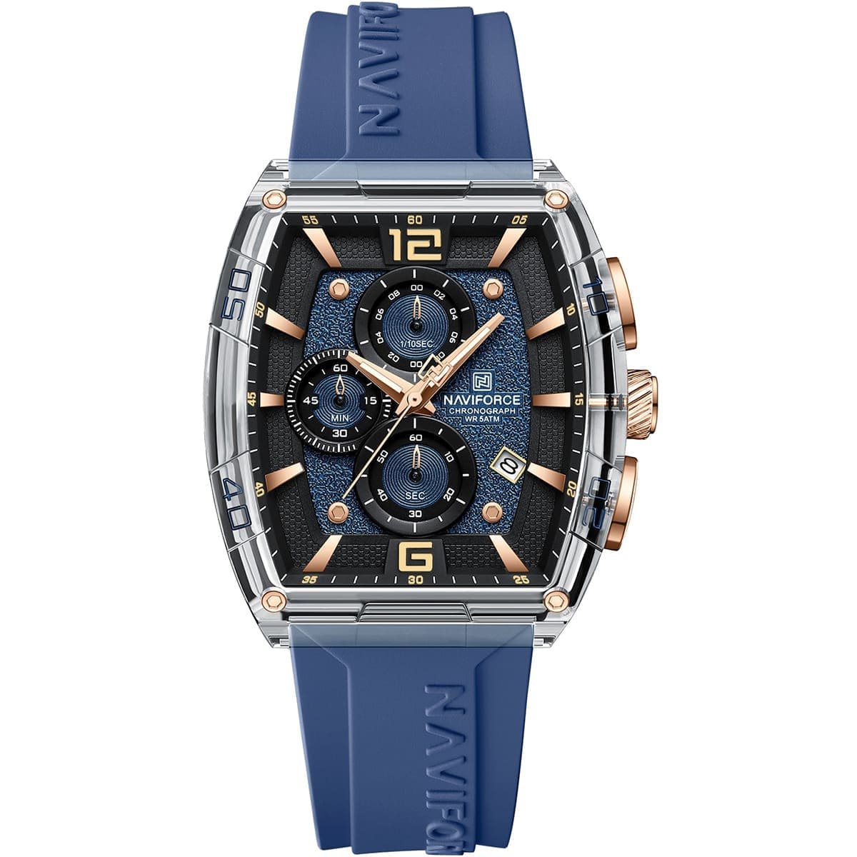 nf6101 s y be naviforce watch chronograph wr 5atm men square blue dial rubber strap quartz battery analog for dream