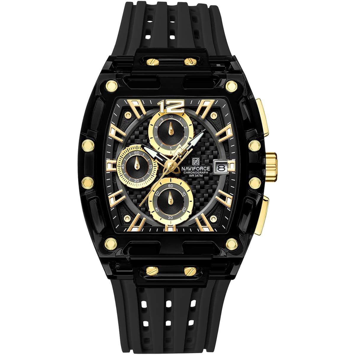 nf7105 b g b naviforce watch chronograph wr 3atm men black dial rubber strap quartz battery square analog for dream