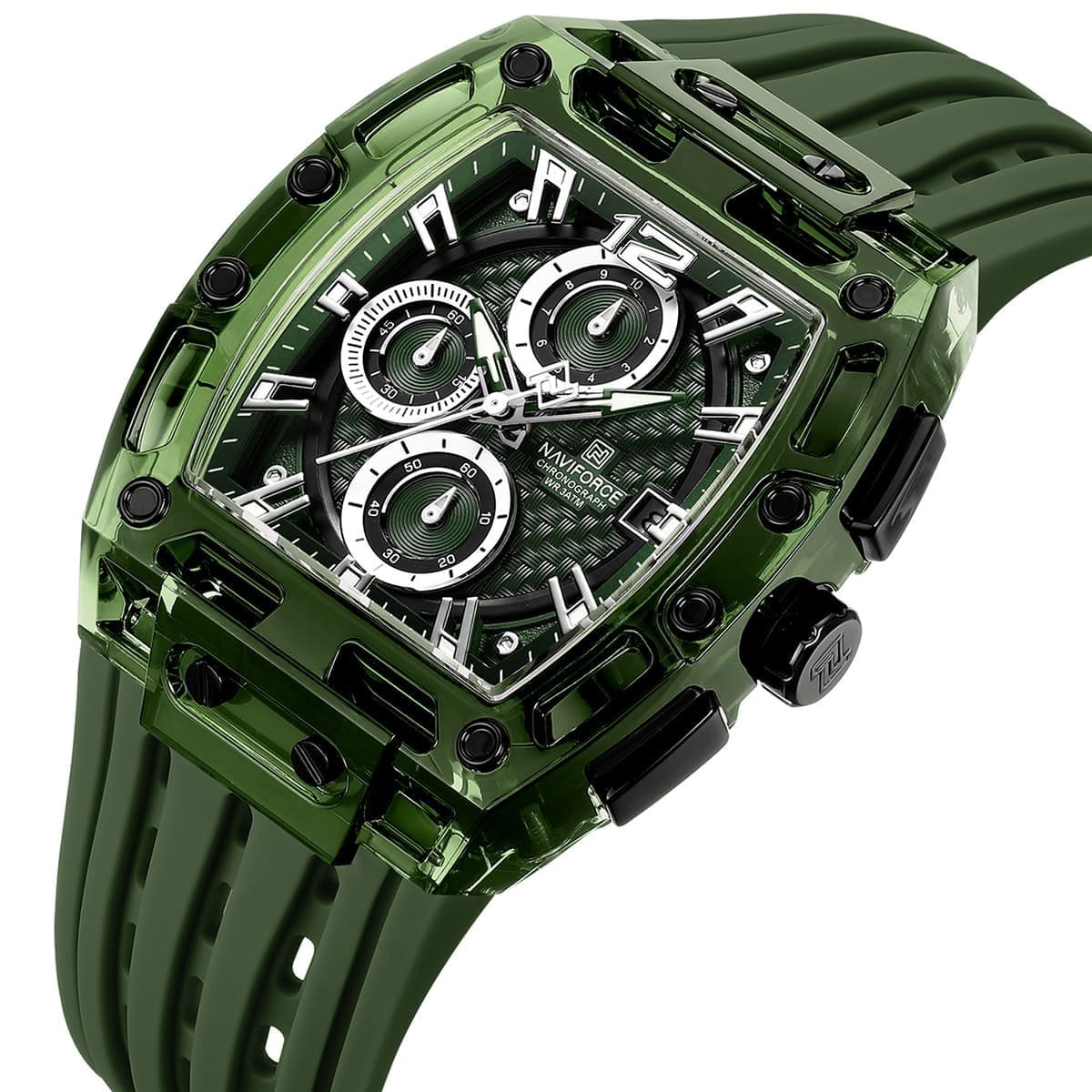 nf7105 gn gn gn naviforce watch chronograph wr 3atm men green dial rubber strap quartz battery square analog for dream 2