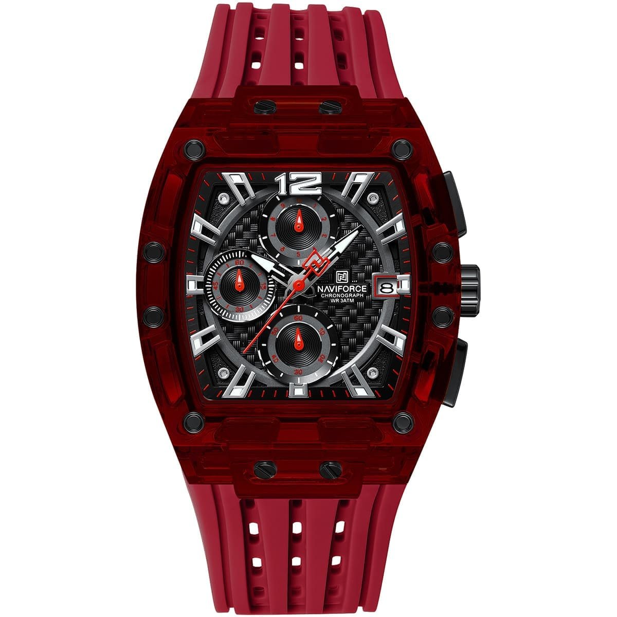 nf7105 r b r naviforce watch chronograph wr 3atm men black dial rubber red strap quartz battery square analog for dream