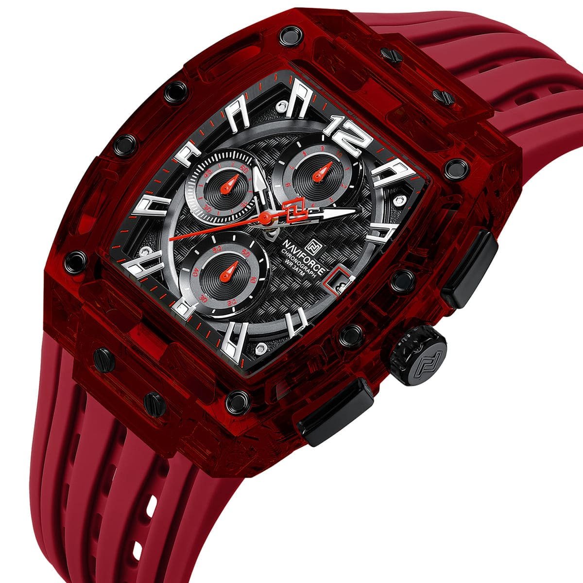 nf7105 r b r naviforce watch chronograph wr 3atm men black dial rubber red strap quartz battery square analog for dream 2