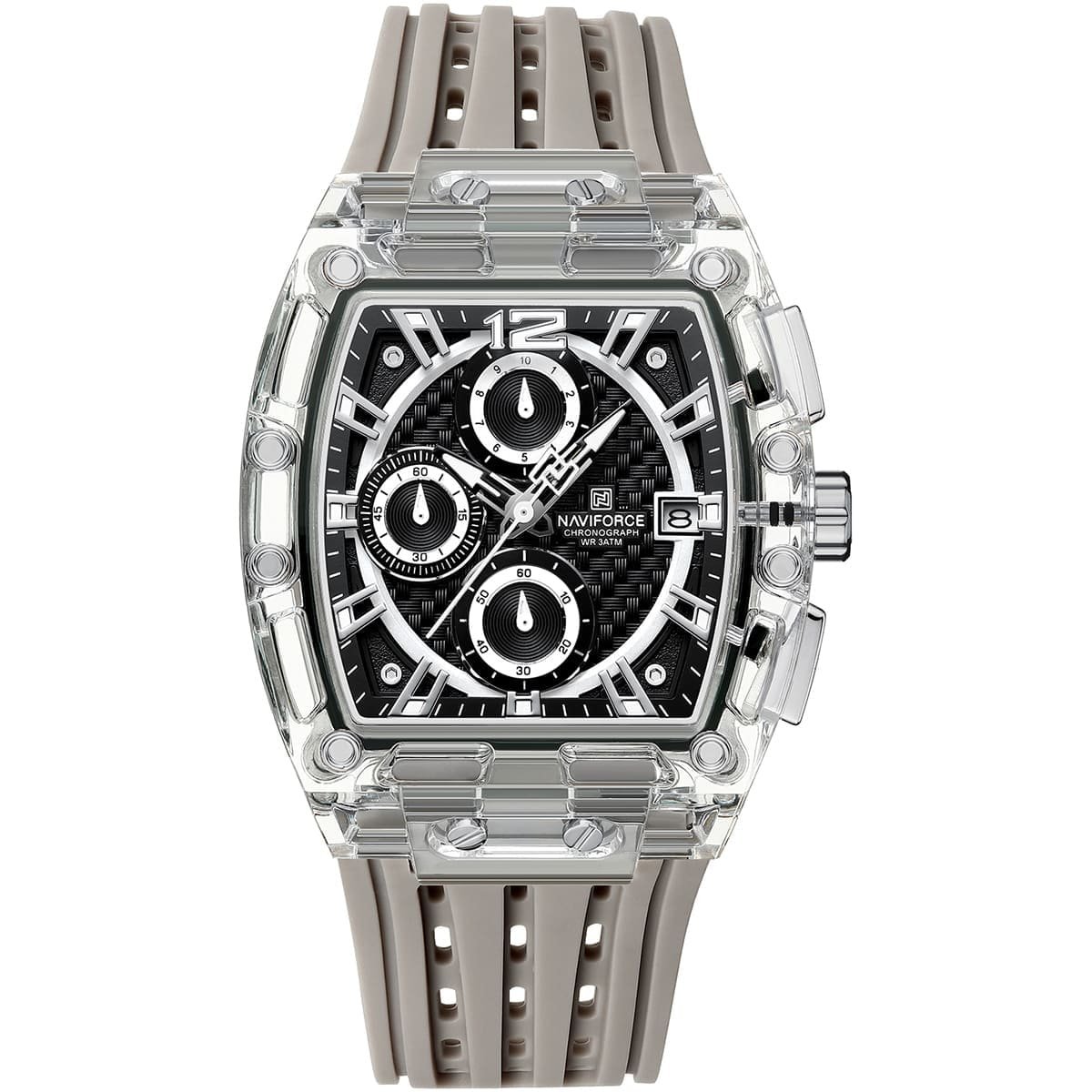nf7105 s b gy naviforce watch chronograph wr 3atm men black dial rubber gray strap quartz battery square analog for dream