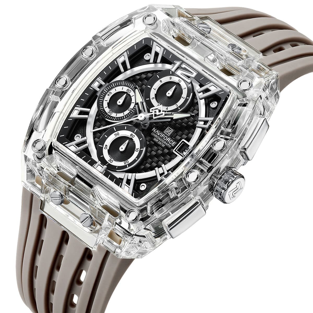 nf7105 s b gy naviforce watch chronograph wr 3atm men black dial rubber gray strap quartz battery square analog for dream 2