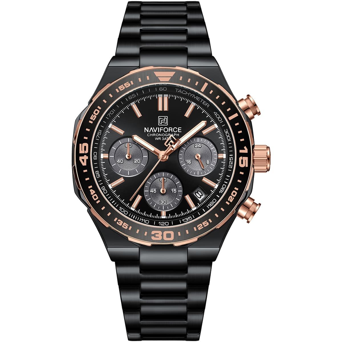 nf8049 b rg b naviforce watch chronograph wr 3atm men black dial stainless steel metal strap quartz battery analog for dream